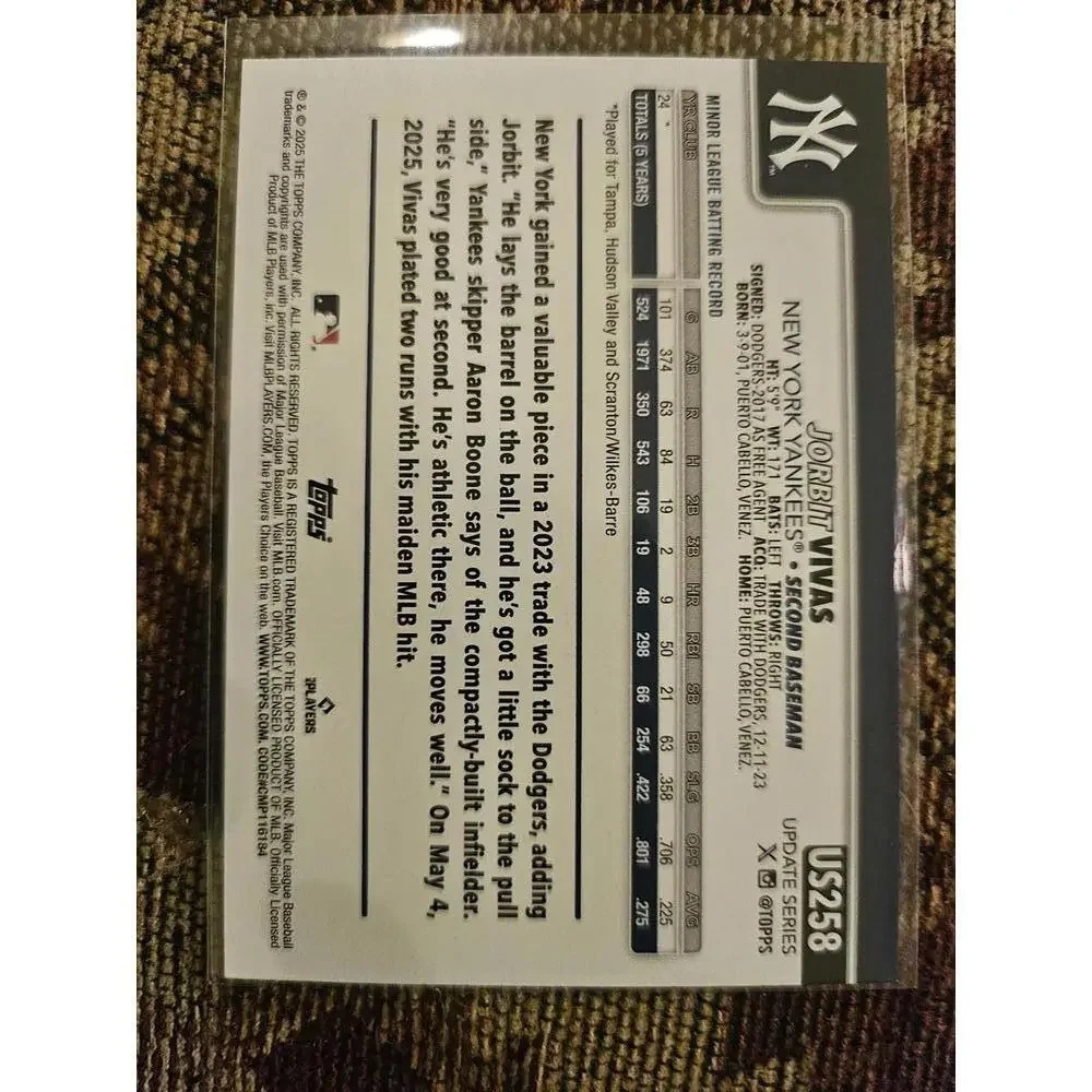 2025 Topps Update - Jorbit Vivas - RC  #US258 - Yankees - RAW Mint - Picture 2 of 2